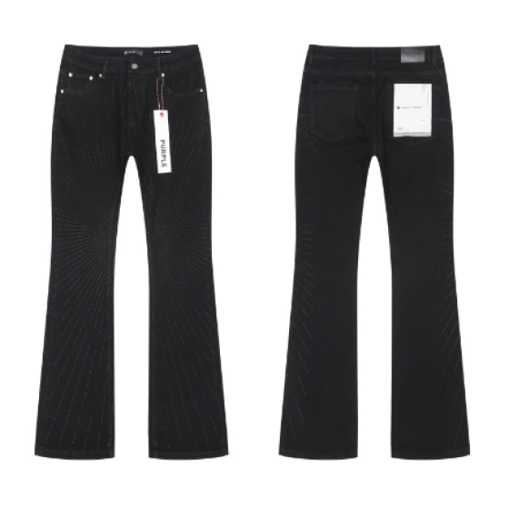Black Flared Denim Jeans with Sunburst Rhinestone Pattern